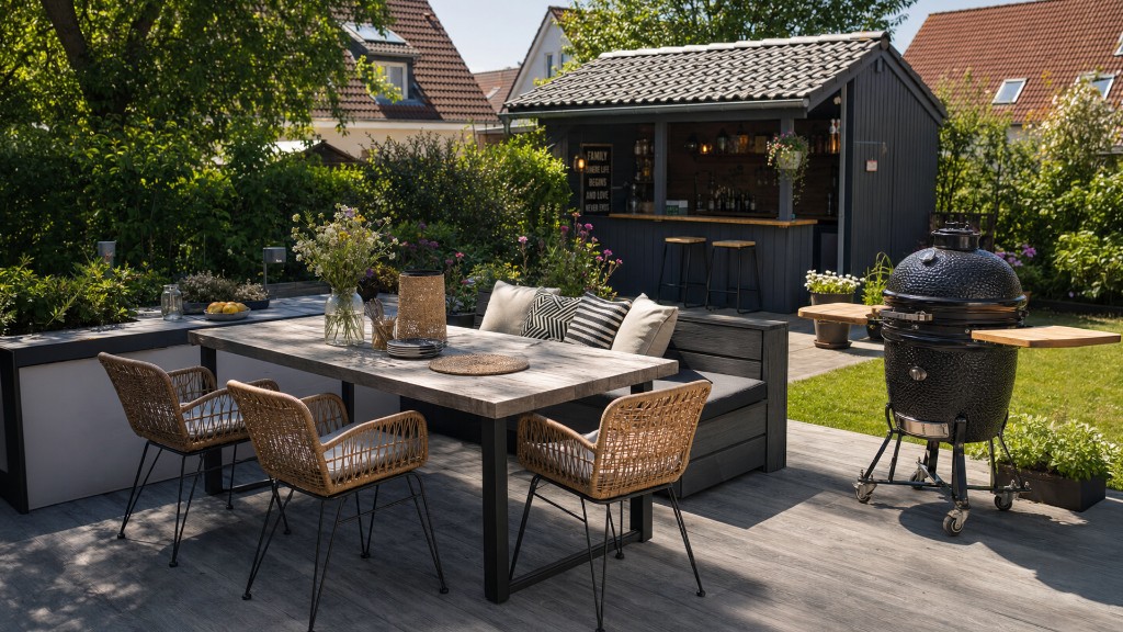 Terrasse mit Essbereich, Outdoor-Bar und Grill auf dekofloor Terrassendielen