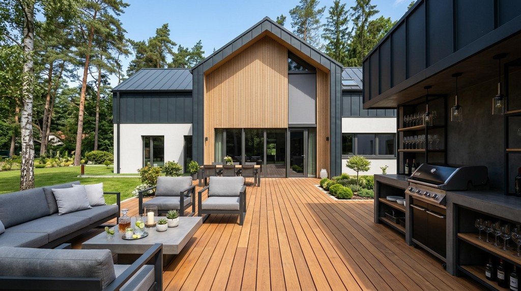 Moderne Holzterrasse mit Lounge, Esstisch und Outdoor-Küche vor einem zeitgenössischen Haus